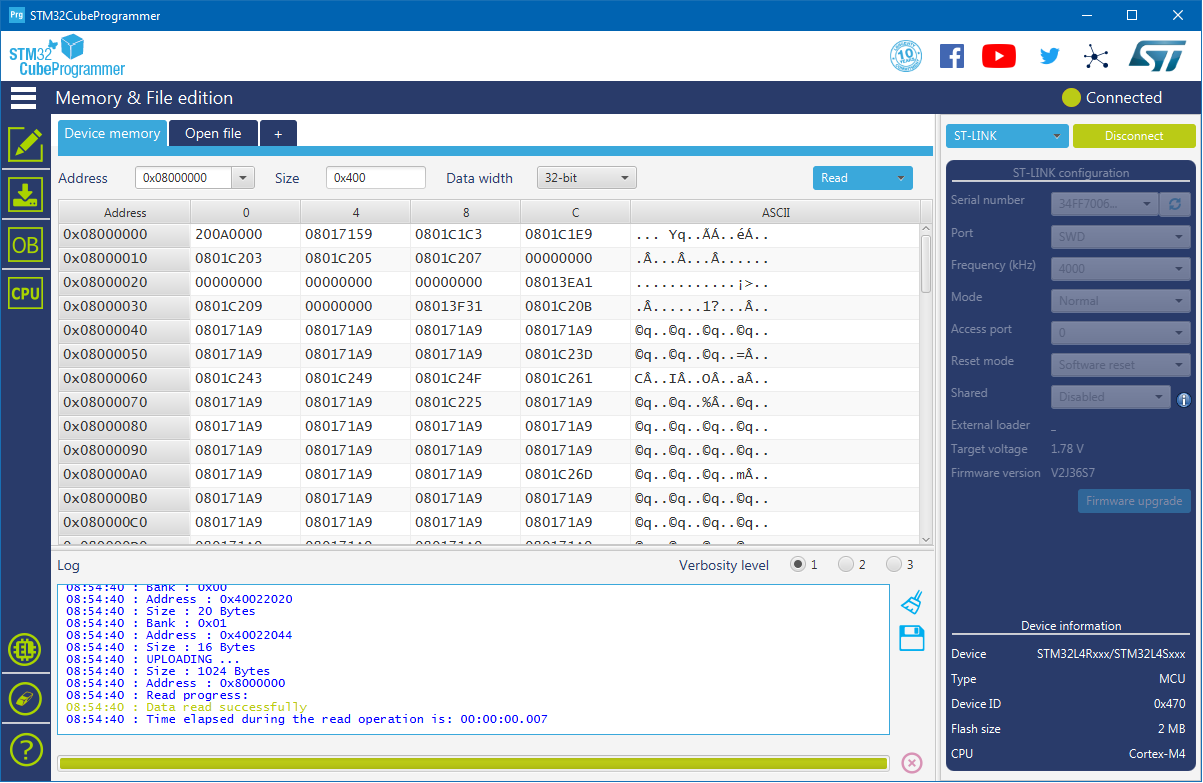 STM32 Cube Programmer Device Memory