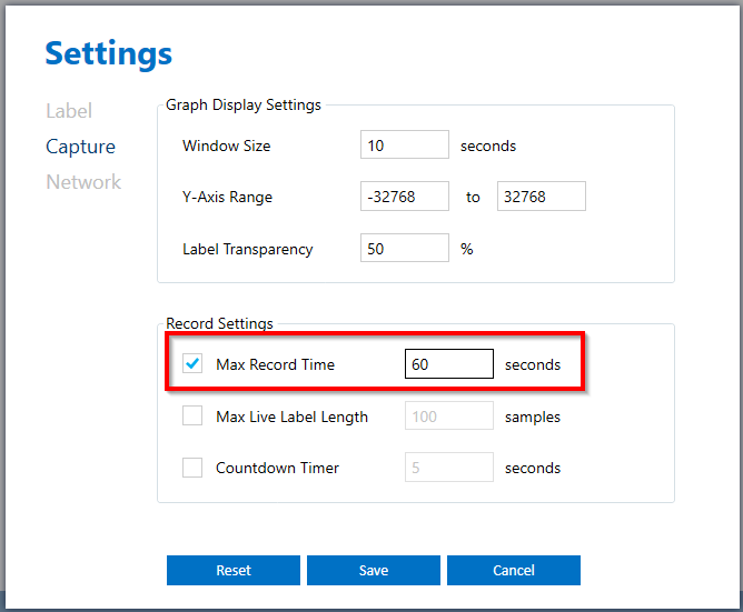 SensiML DCL User Interface Device Capture Record Settings