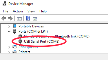 Window Device Manager COM Port listing