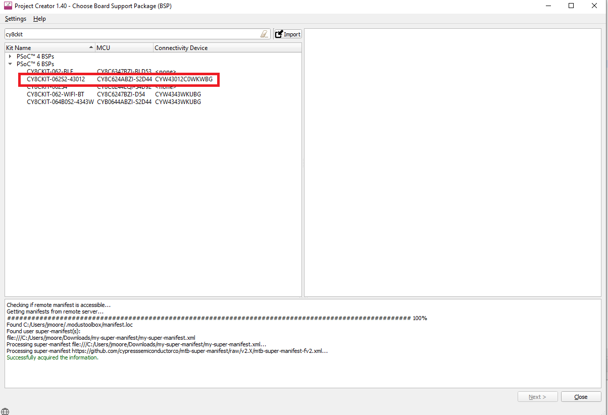 Selecting BSP in ModusToolbox Project Creator