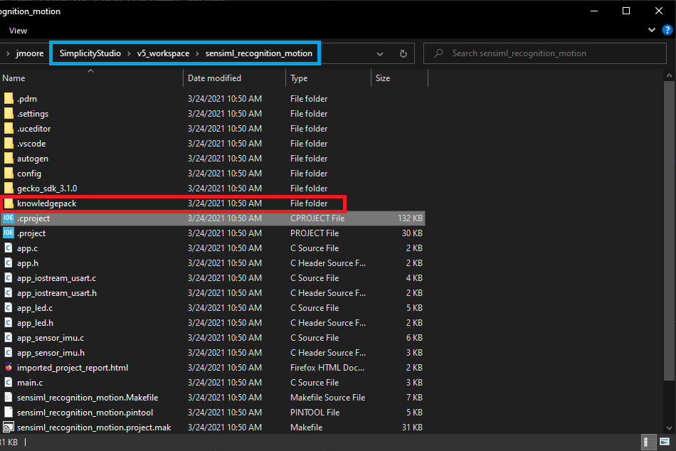 Knowledge pack folder in Simplicity Studio project/workspace
